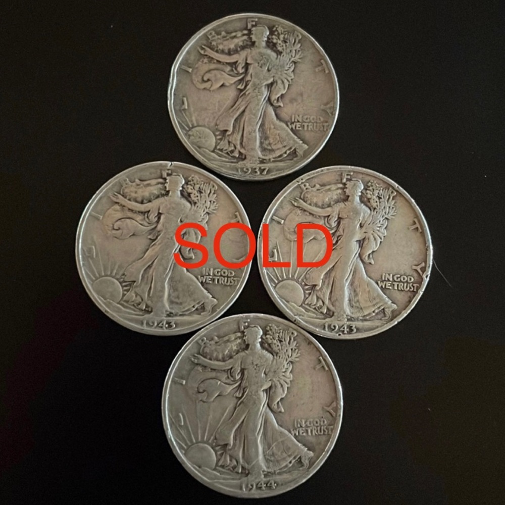A lot of 4- 1937–1944 walking liberty silver half dollars